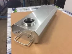 Custom fabricated stainless steel tank with handles and flanged port